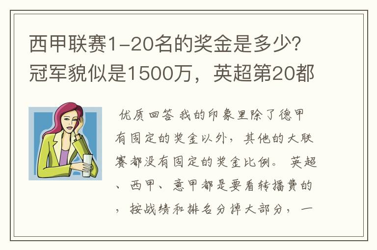 西甲联赛1-20名的奖金是多少?冠军貌似是1500万,英超第20都是4000万呀!