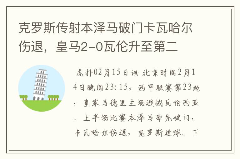 克罗斯传射本泽马破门卡瓦哈尔伤退,皇马2-0瓦伦升至第二