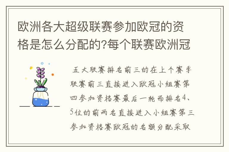 欧洲各大超级联赛参加欧冠的资格是怎么分配的?每个联赛欧洲冠军杯参赛队