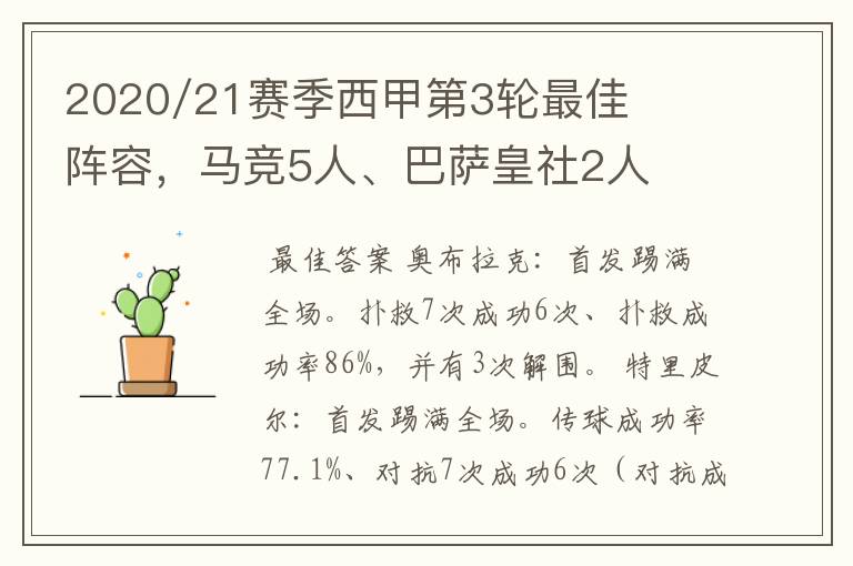 2020/21赛季西甲第3轮最佳阵容,马竞5人、巴萨皇社2人