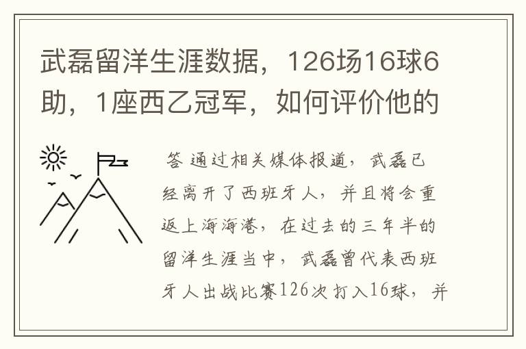 武磊留洋生涯数据,126场16球6助,1座西乙冠军,如何评价他的表现?