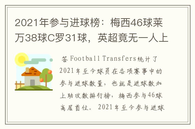2021年参与进球榜:梅西46球莱万38球C罗31球,英超竟无一人上榜
