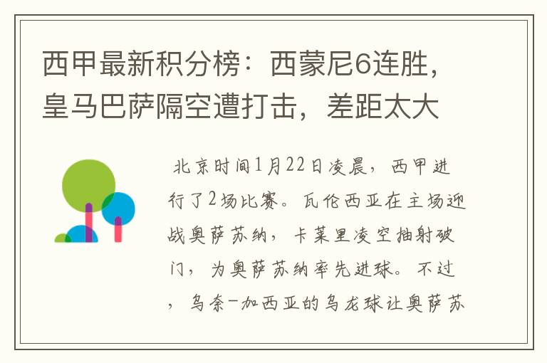 西甲最新积分榜:西蒙尼6连胜,皇马巴萨隔空遭打击,差距太大
