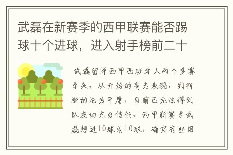 武磊在新赛季的西甲联赛能否踢球十个进球,进入射手榜前二十?