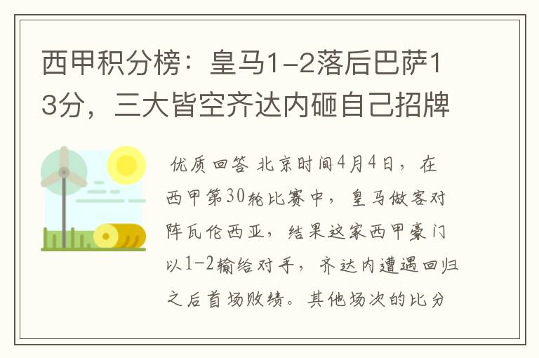 西甲积分榜:皇马1-2落后巴萨13分,三大皆空齐达内砸自己招牌?