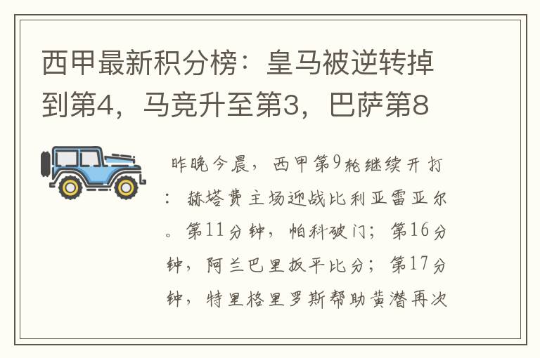 西甲最新积分榜:皇马被逆转掉到第4,马竞升至第3,巴萨第8