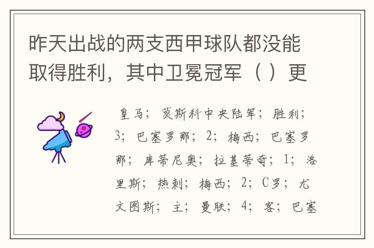 昨天出战的两支西甲球队都没能取得胜利,其中卫冕冠军( )更是在客场0:( )负于( )