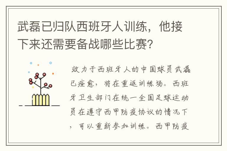 武磊已归队西班牙人训练,他接下来还需要备战哪些比赛?
