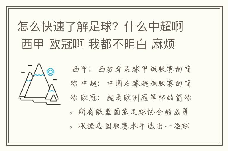 怎么快速了解足球?什么中超啊 西甲 欧冠啊 我都不明白 麻烦 有哪位特别了解足球的 跟我讲讲,多谢