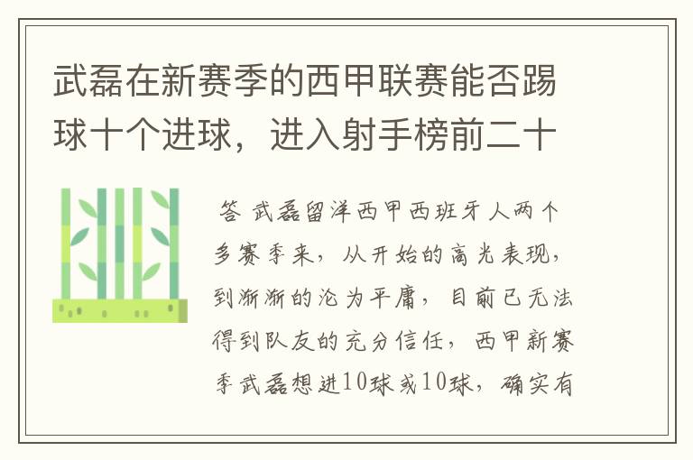武磊在新赛季的西甲联赛能否踢球十个进球,进入射手榜前二十?