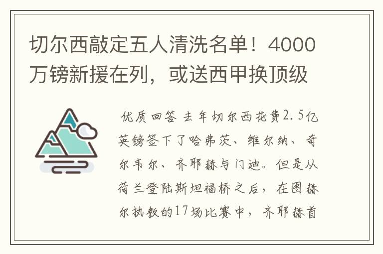 切尔西敲定五人清洗名单！4000万镑新援在列，或送西甲换顶级铁闸