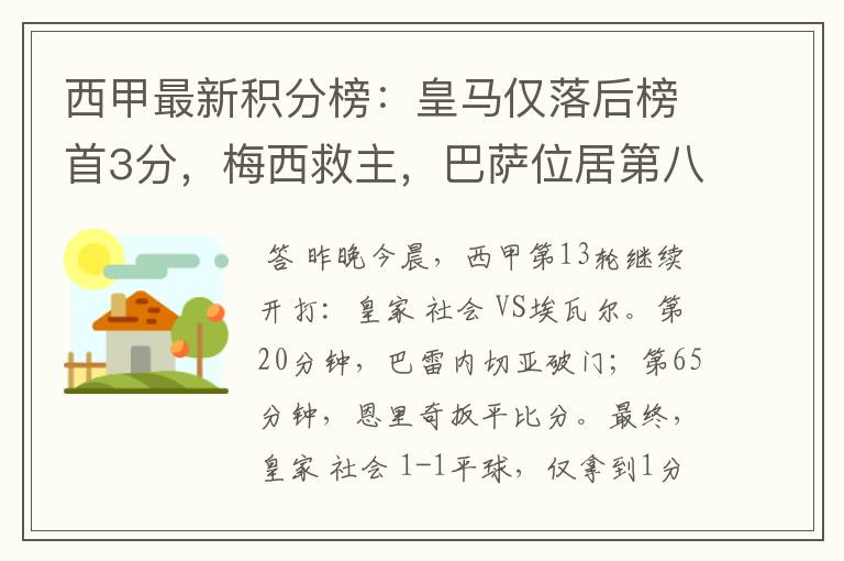 西甲最新积分榜:皇马仅落后榜首3分,梅西救主,巴萨位居第八