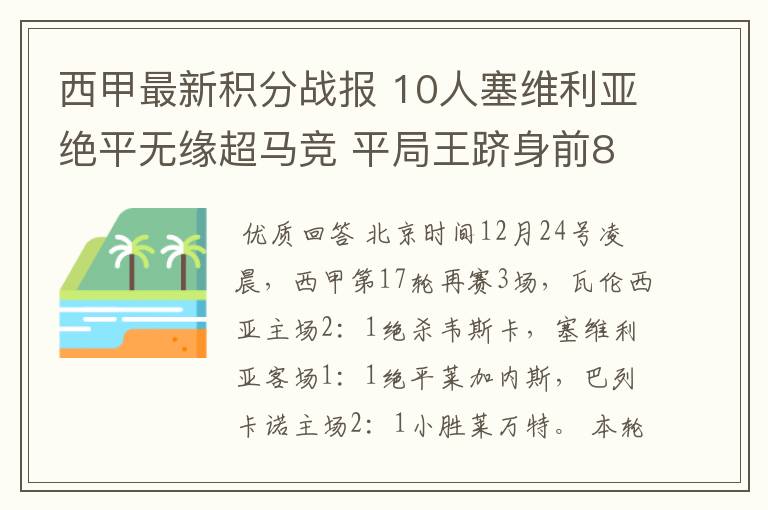 西甲最新积分战报 10人塞维利亚绝平无缘超马竞 平局王跻身前8