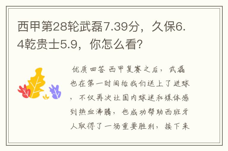西甲第28轮武磊7.39分,久保6.4乾贵士5.9,你怎么看?