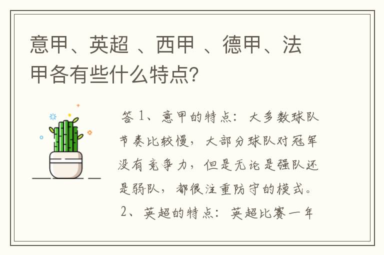 意甲、英超 、西甲 、德甲、法甲各有些什么特点?