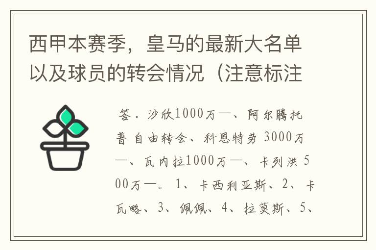 西甲本赛季,皇马的最新大名单以及球员的转会情况(注意标注球员身价)