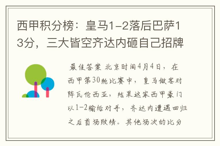 西甲积分榜:皇马1-2落后巴萨13分,三大皆空齐达内砸自己招牌?