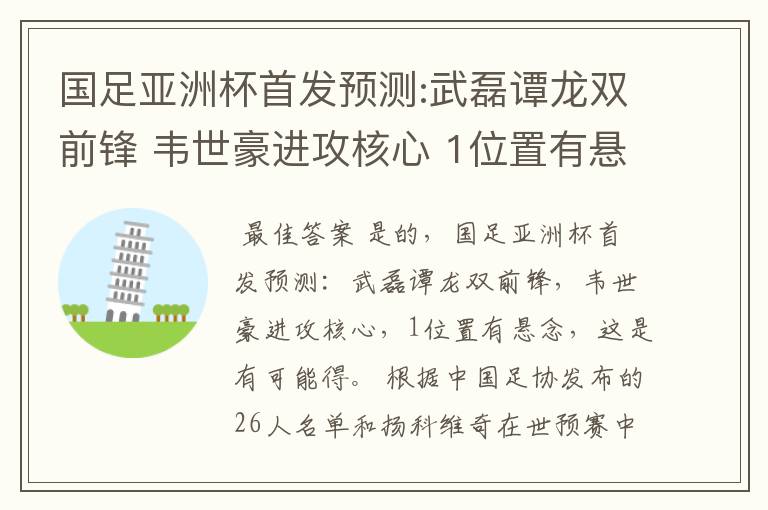 国足亚洲杯首发预测:武磊谭龙双前锋 韦世豪进攻核心 1位置有悬念