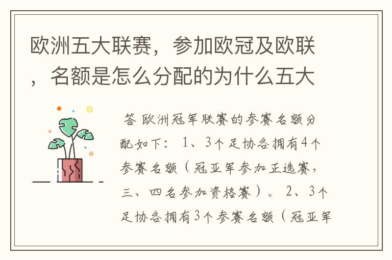 欧洲五大联赛,参加欧冠及欧联,名额是怎么分配的为什么五大联赛只有法甲