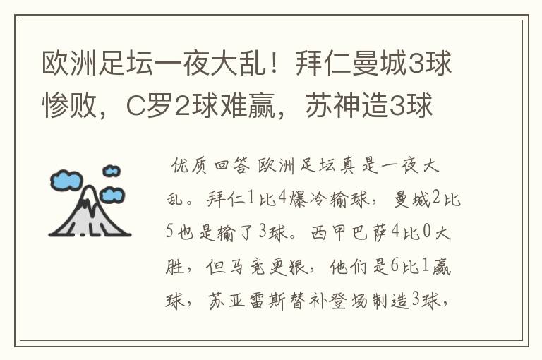 欧洲足坛一夜大乱!拜仁曼城3球惨败,C罗2球难赢,苏神造3球