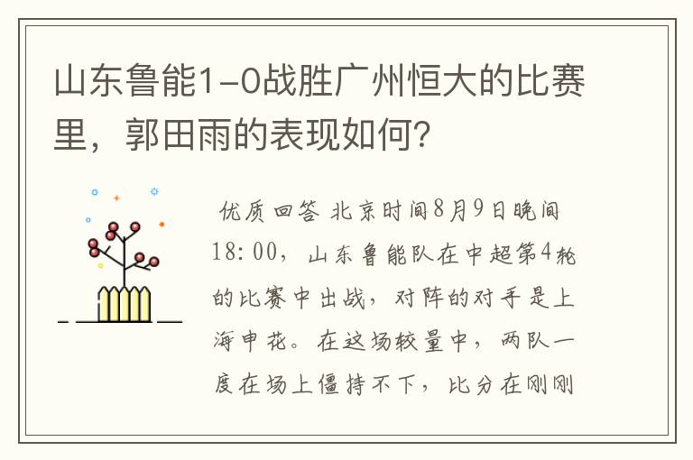 山东鲁能1-0战胜广州恒大的比赛里,郭田雨的表现如何?