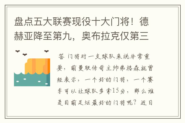 盘点五大联赛现役十大门将！德赫亚降至第九，奥布拉克仅第三