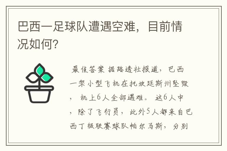 巴西一足球队遭遇空难,目前情况如何?
