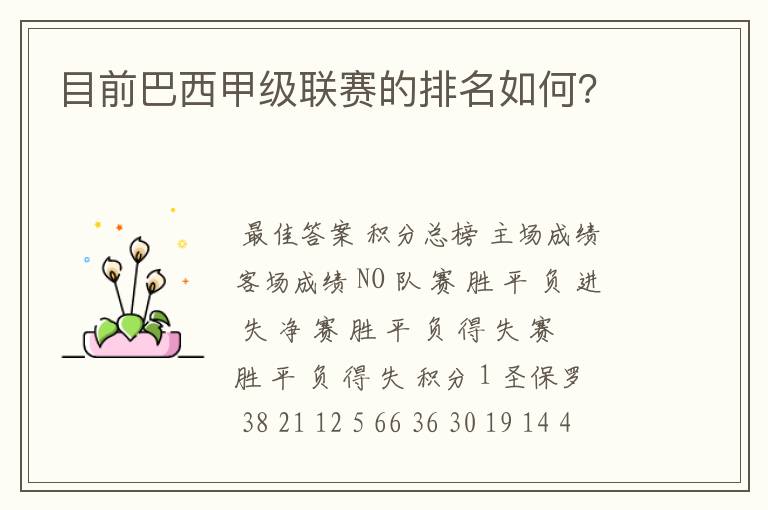 目前巴西甲级联赛的排名如何?