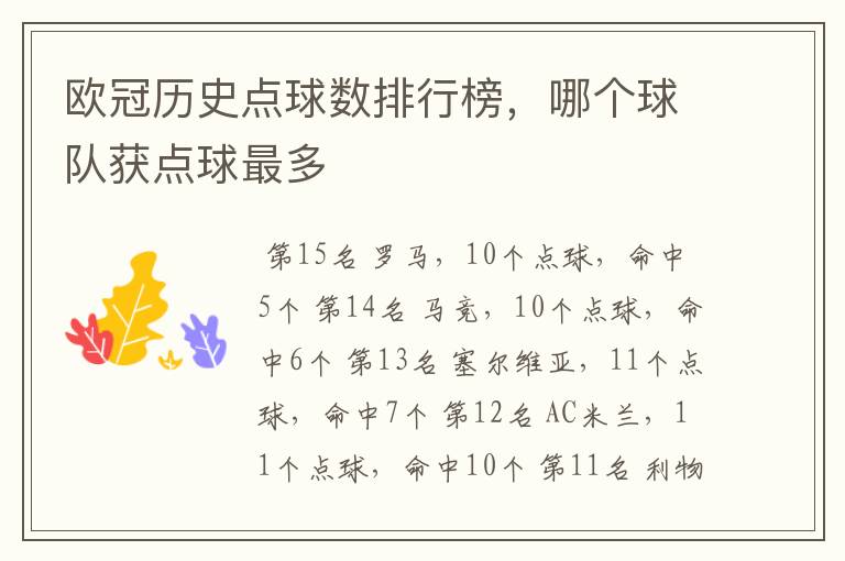 欧冠历史点球数排行榜,哪个球队获点球最多