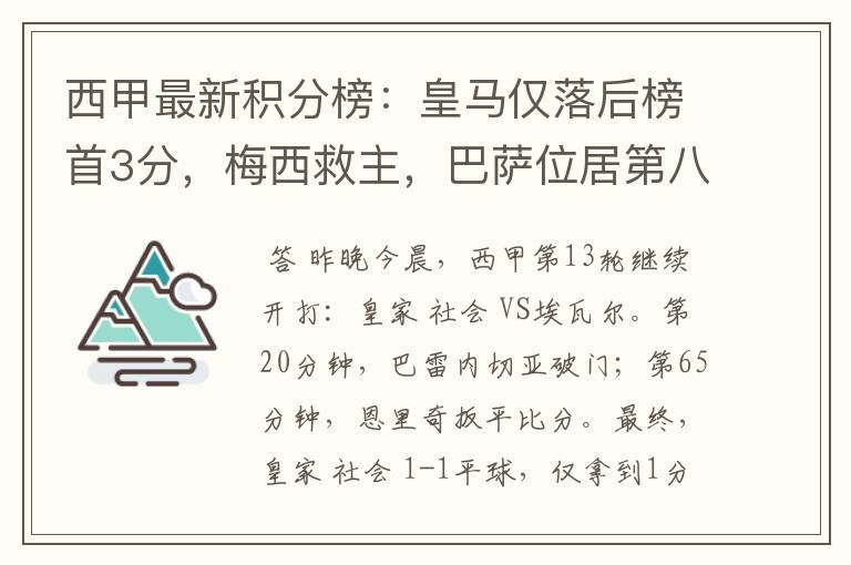 西甲最新积分榜:皇马仅落后榜首3分,梅西救主,巴萨位居第八