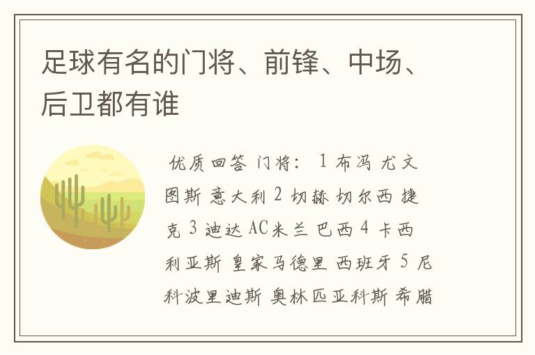 足球有名的门将、前锋、中场、后卫都有谁