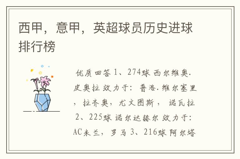 西甲,意甲,英超球员历史进球排行榜