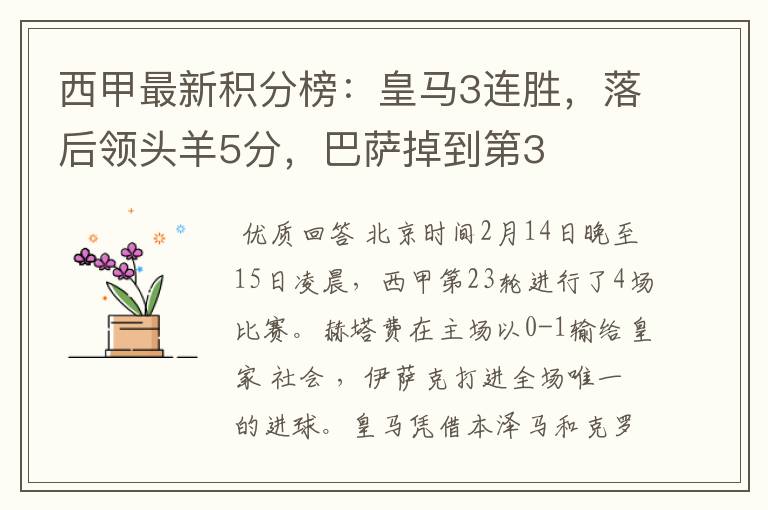 西甲最新积分榜:皇马3连胜,落后领头羊5分,巴萨掉到第3