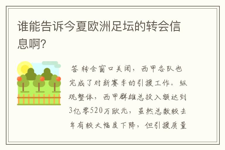 谁能告诉今夏欧洲足坛的转会信息啊?
