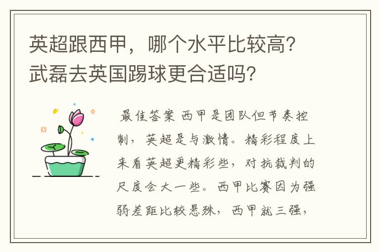 英超跟西甲,哪个水平比较高?武磊去英国踢球更合适吗?