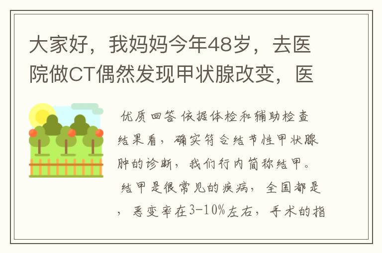 大家好,我妈妈今年48岁,去医院做CT偶然发现甲状腺改变,医生建议进一步检查,随后挂号内分泌科,医生要
