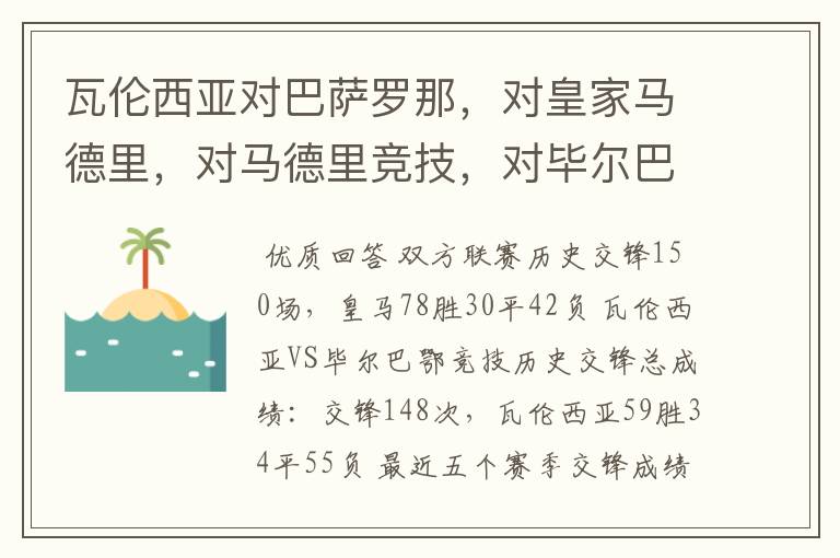 瓦伦西亚对巴萨罗那,对皇家马德里,对马德里竞技,对毕尔巴鄂竞技的历史战绩