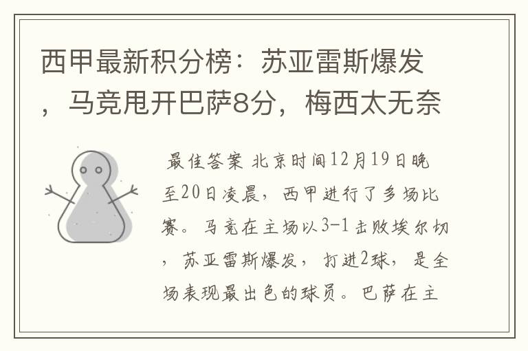 西甲最新积分榜:苏亚雷斯爆发,马竞甩开巴萨8分,梅西太无奈