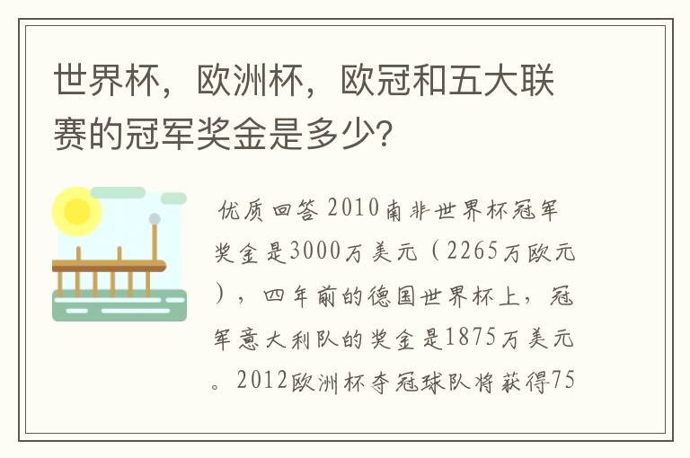 世界杯,欧洲杯,欧冠和五大联赛的冠军奖金是多少?