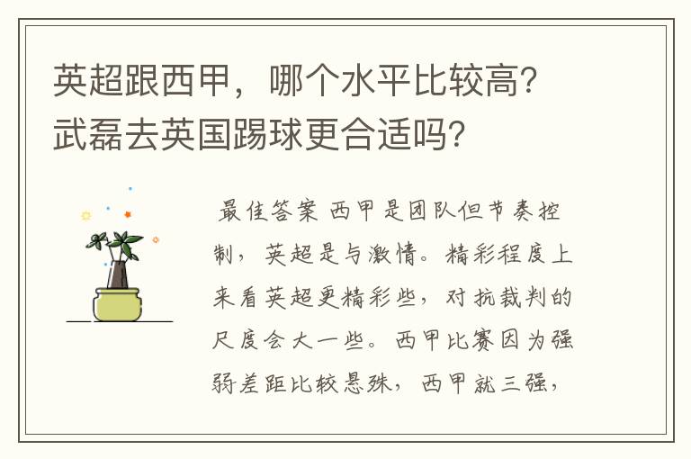 英超跟西甲,哪个水平比较高?武磊去英国踢球更合适吗?