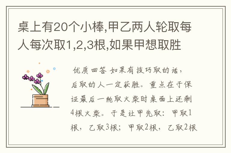 桌上有20个小棒,甲乙两人轮取每人每次取1,2,3根,如果甲想取胜,应该怎样取?