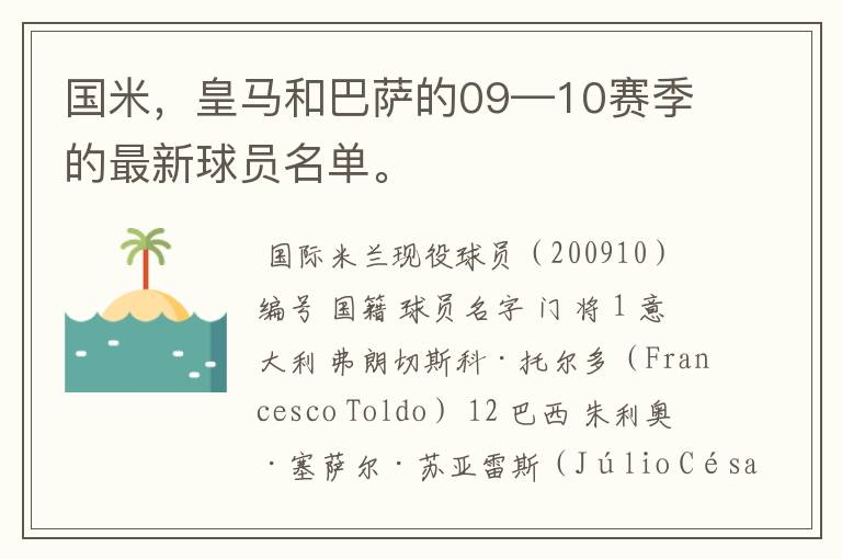 国米,皇马和巴萨的09—10赛季的最新球员名单。