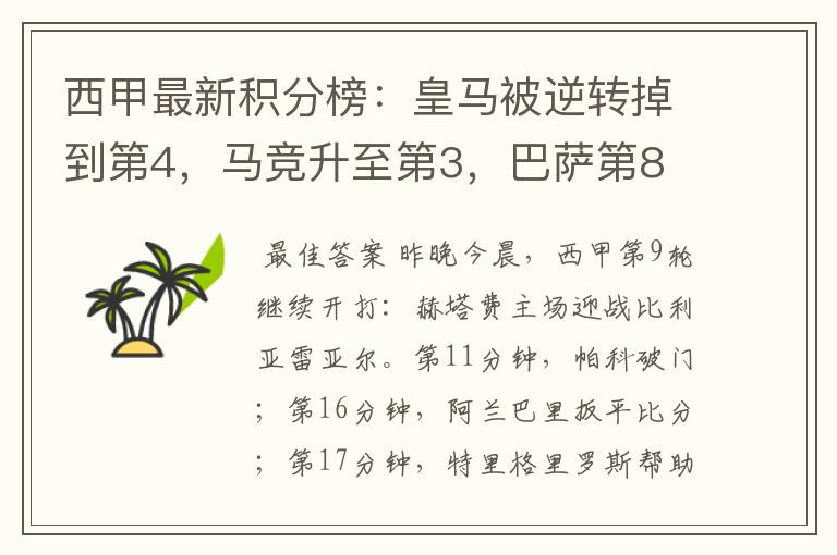 西甲最新积分榜:皇马被逆转掉到第4,马竞升至第3,巴萨第8