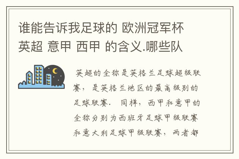 谁能告诉我足球的 欧洲冠军杯 英超 意甲 西甲 的含义.哪些队 怎么进行比赛的.