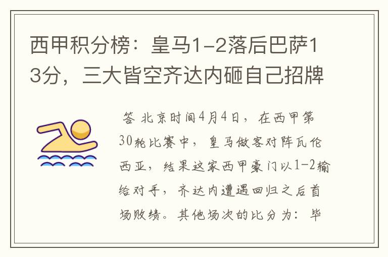 西甲积分榜:皇马1-2落后巴萨13分,三大皆空齐达内砸自己招牌?