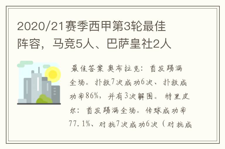 2020/21赛季西甲第3轮最佳阵容,马竞5人、巴萨皇社2人