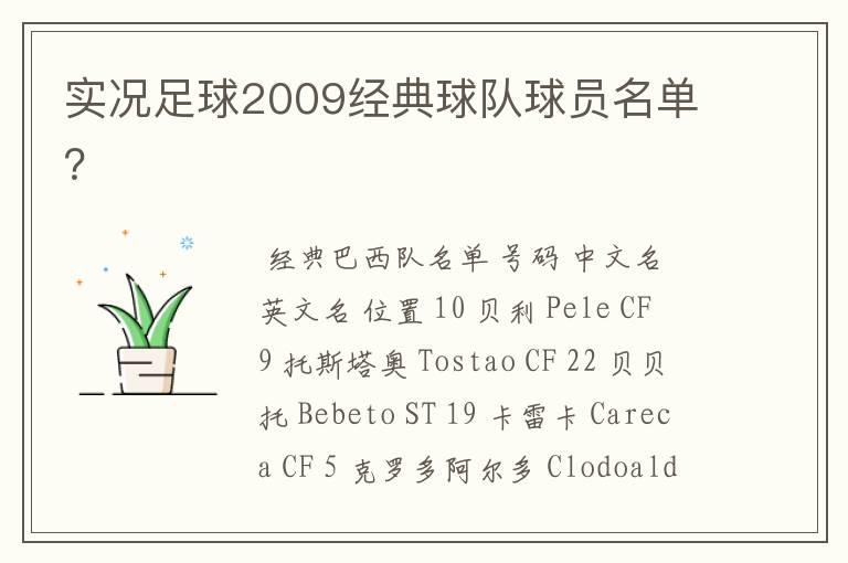 实况足球2009经典球队球员名单？