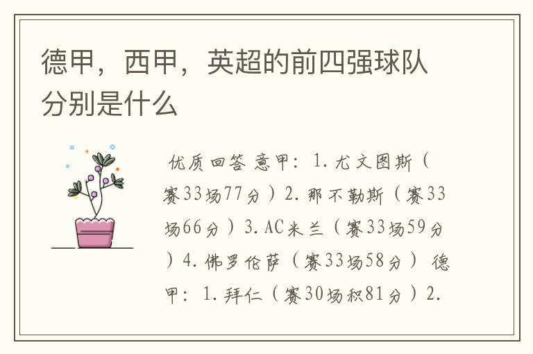 德甲,西甲,英超的前四强球队分别是什么