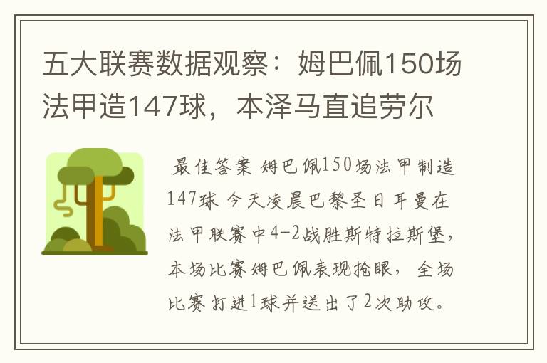 五大联赛数据观察:姆巴佩150场法甲造147球,本泽马直追劳尔