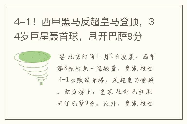 4-1!西甲黑马反超皇马登顶,34岁巨星轰首球,甩开巴萨9分